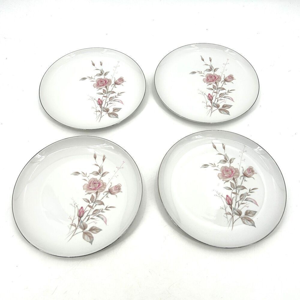 FINE CHINA JAPAN Set Of 4 Vintage Laura Dinner Plate Floral Platinum Trim 10.25"